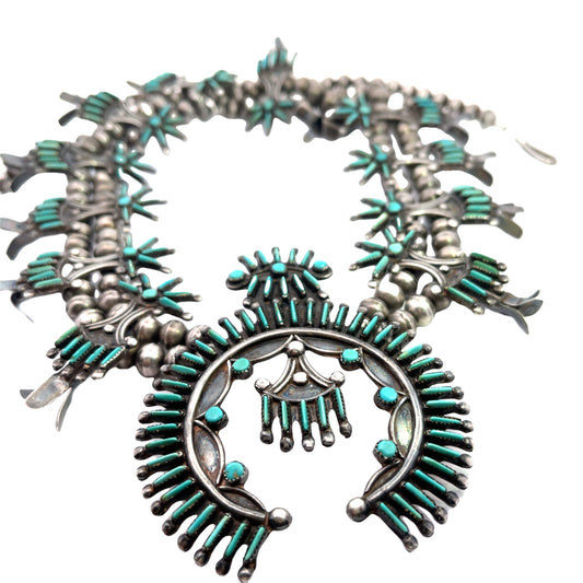 Native American Sterling Silver and turquoise petit point 'Squash Blossom' Necklace