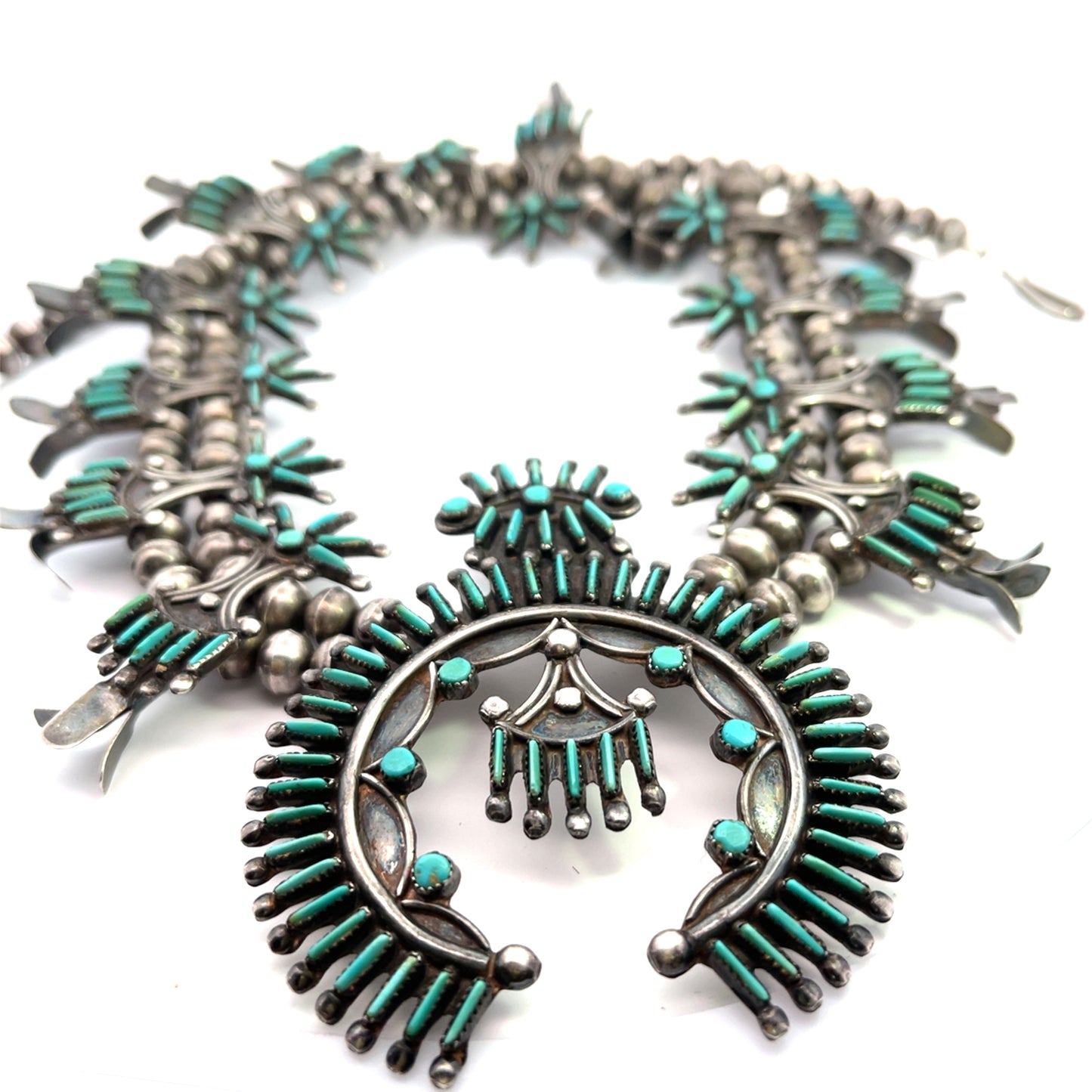 Native American Sterling Silver and turquoise petit point 'Squash Blossom' Necklace