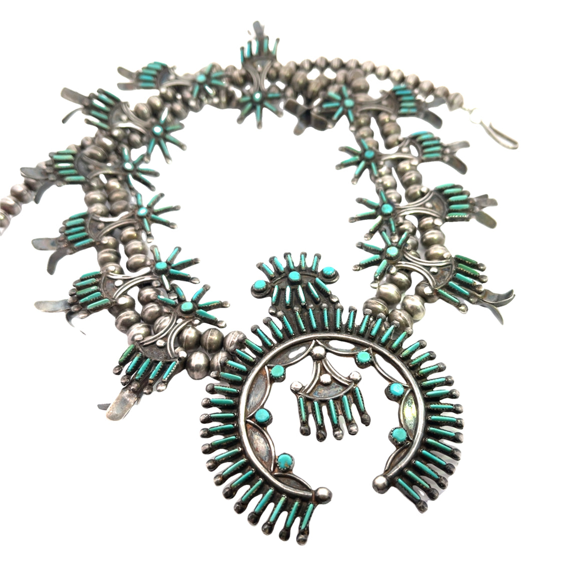 Native American Sterling Silver and turquoise petit point 'Squash Blossom' Necklace