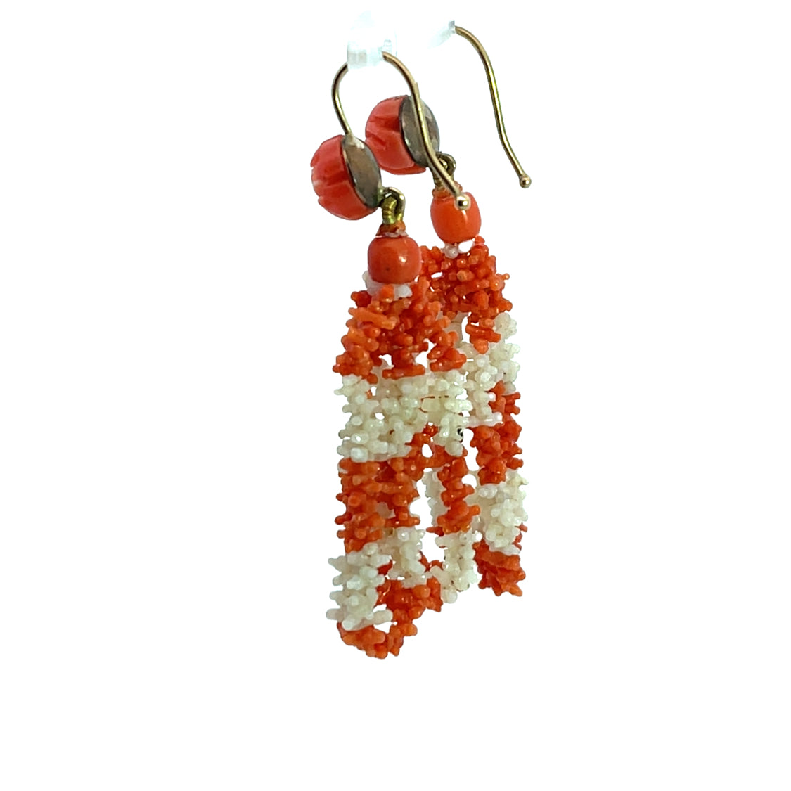 Georgian 14K white gold and coral bead drop earrings