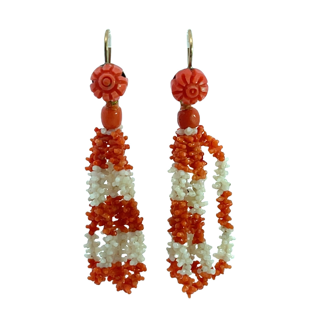 Georgian 14K white gold and coral bead drop earrings