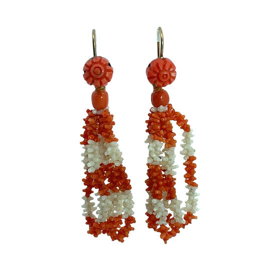 Georgian 14K white gold and coral bead drop earrings