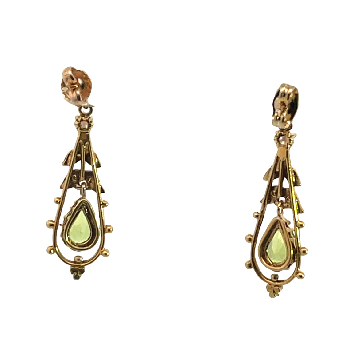 Victorian 14KY gold, peridot, and seed pearl earrings