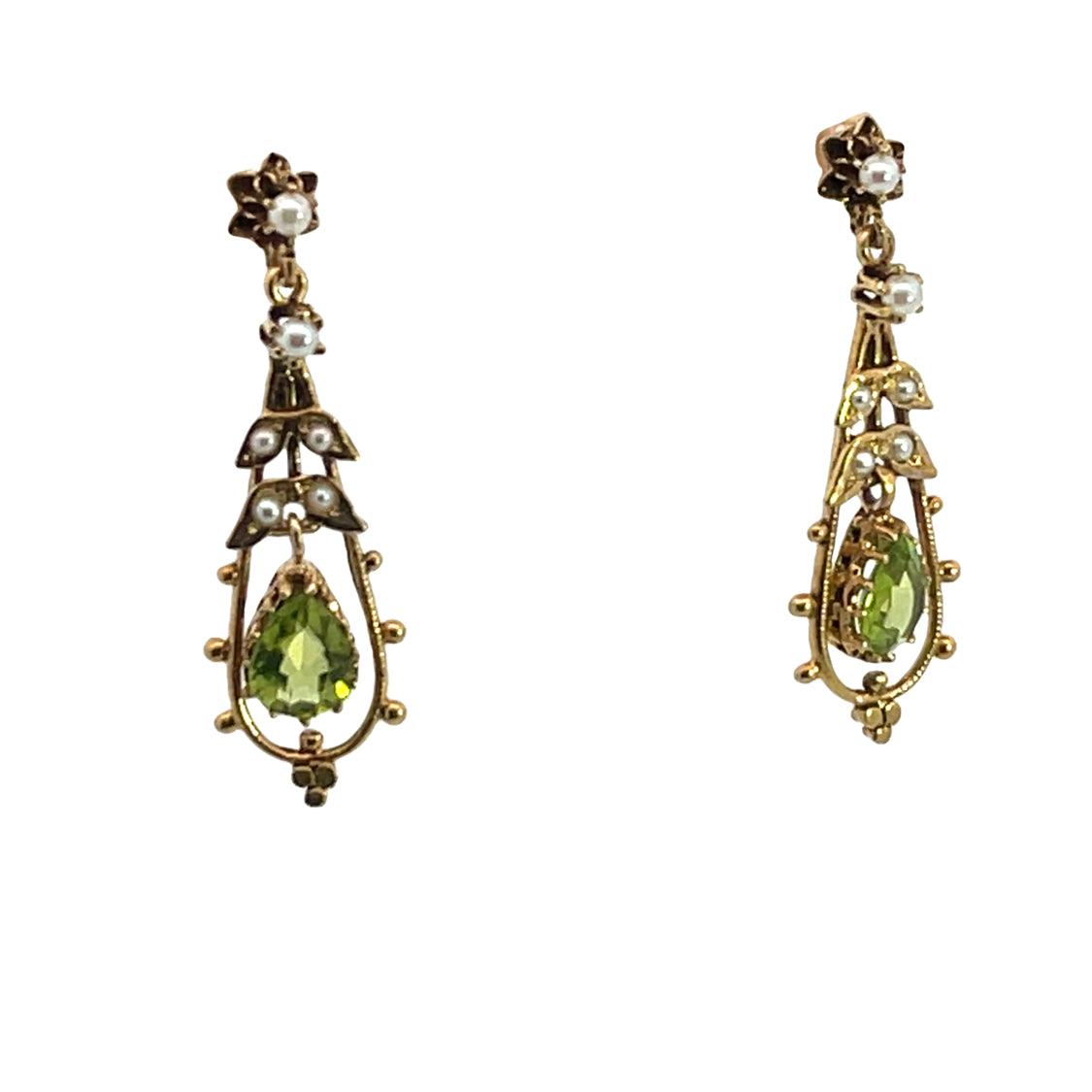 Victorian 14KY gold, peridot, and seed pearl earrings