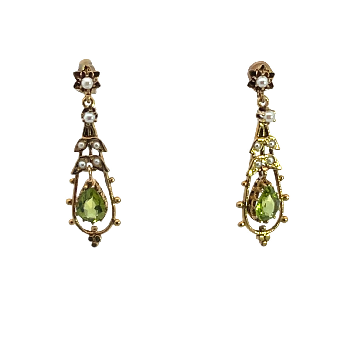 Victorian 14KY gold, peridot, and seed pearl earrings