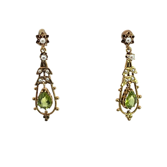 Victorian 14KY gold, peridot, and seed pearl earrings
