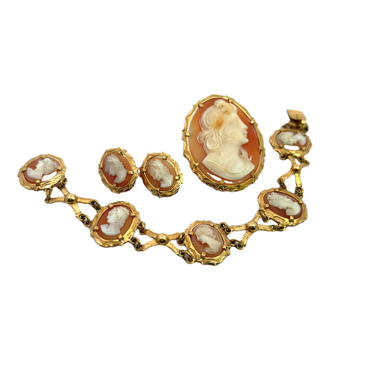 Victorian 18KY gold cameo earrings, bracelet and pendant set