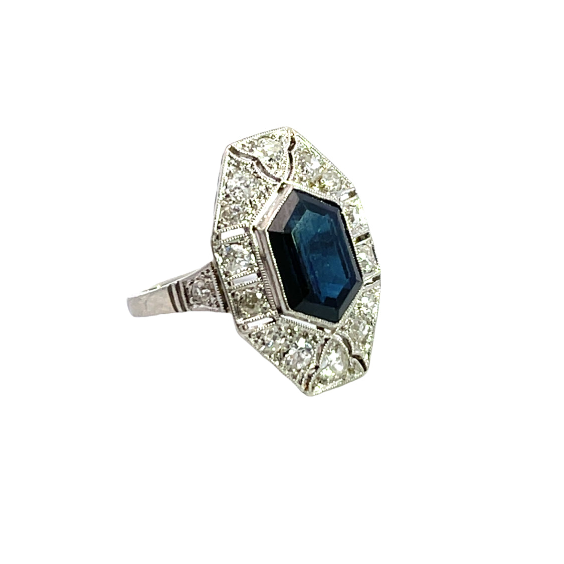 Art Deco 14K white gold, sapphire and diamond ring
