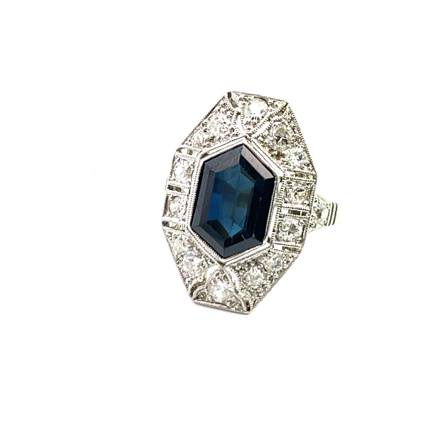 Art Deco 14K white gold, sapphire and diamond ring