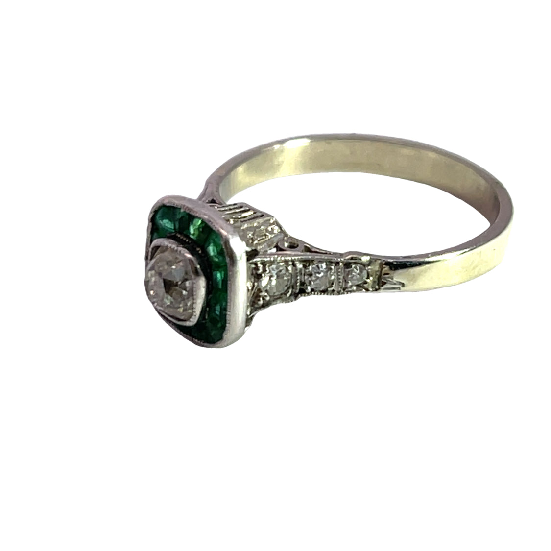 Edwardian Platinum, white gold, emerald and diamond ring