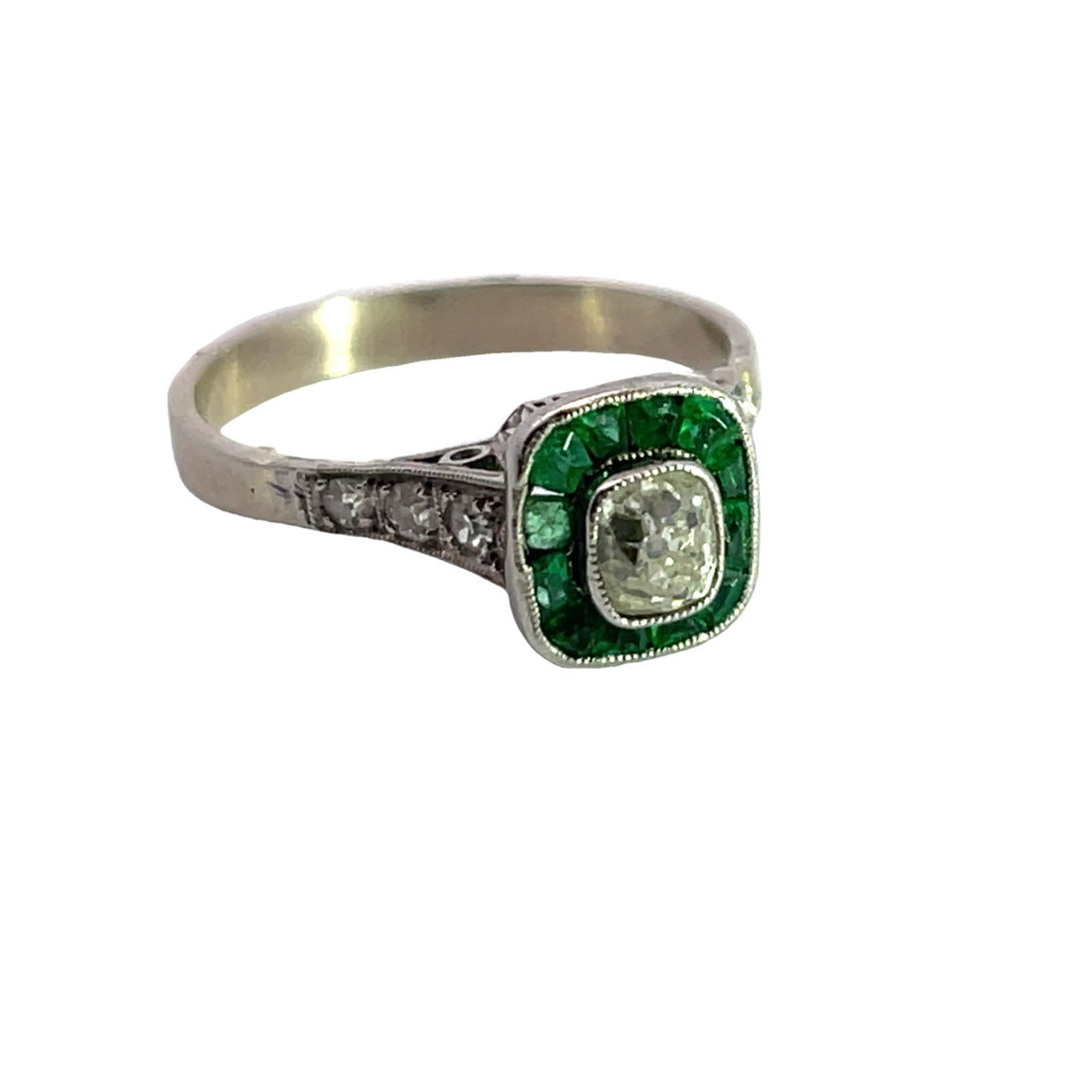 Edwardian Platinum, white gold, emerald and diamond ring