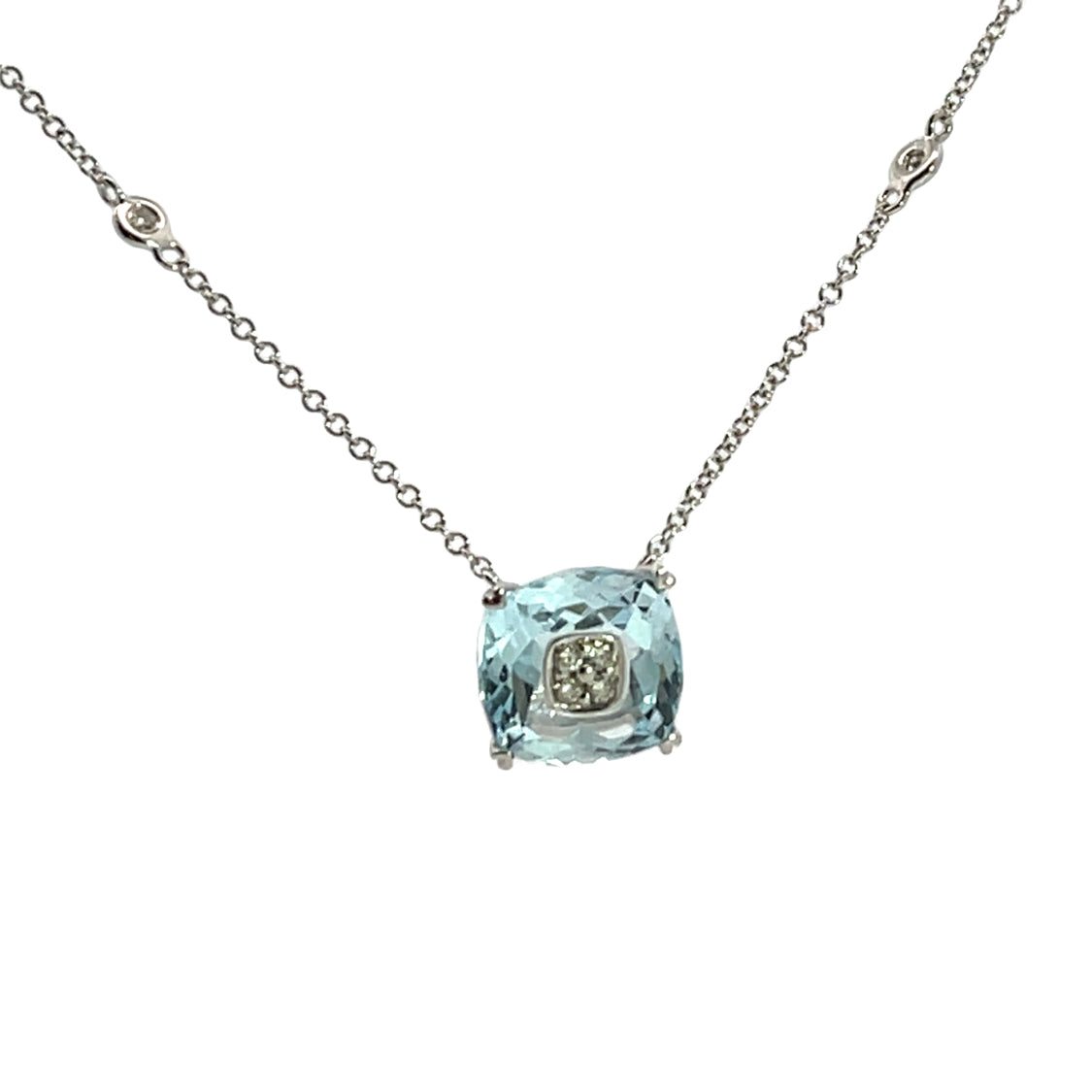Modern 14K white gold, aquamarine and diamond necklace