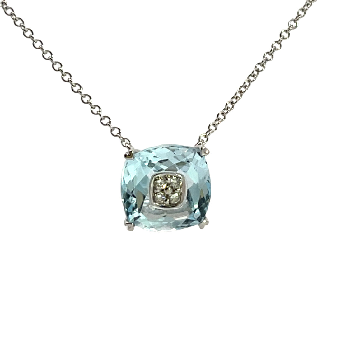 Modern 14K white gold, aquamarine and diamond necklace