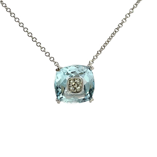 Modern 14K white gold, aquamarine and diamond necklace