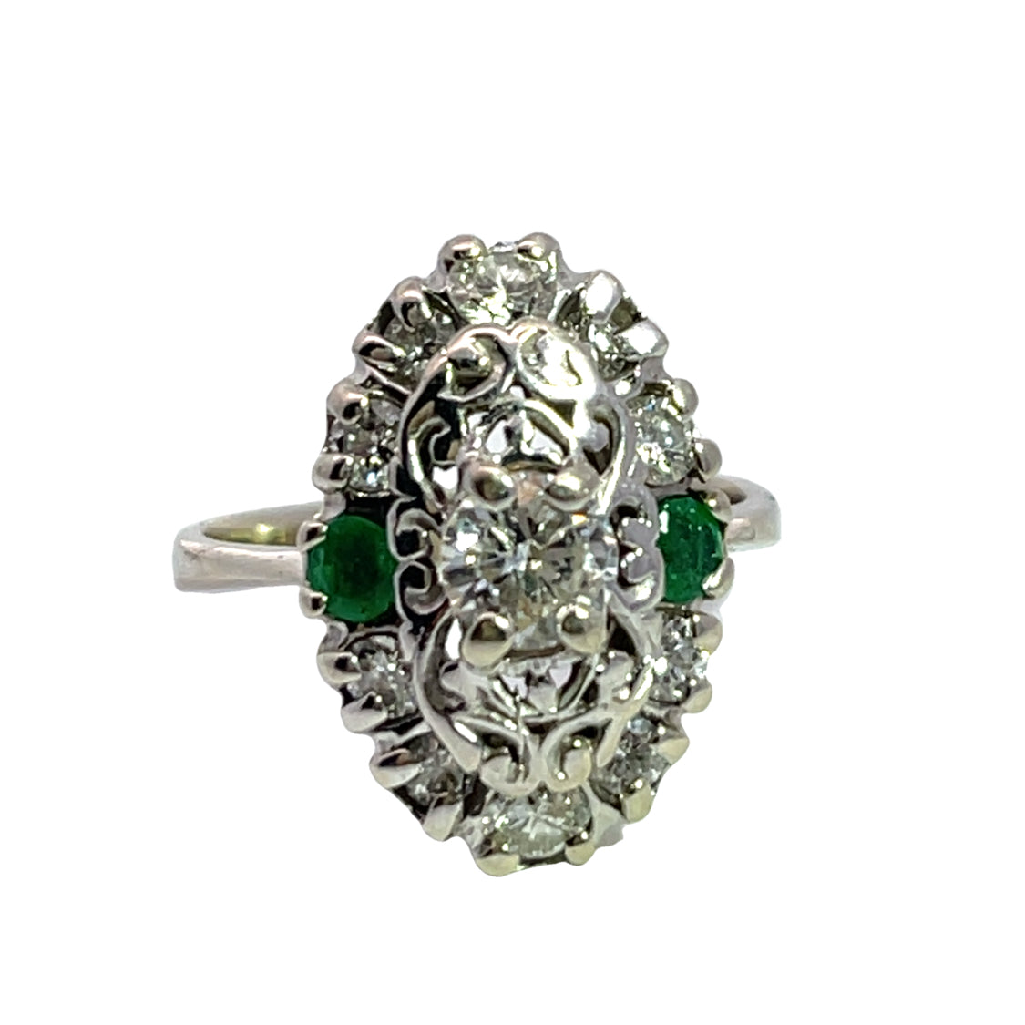 Art Deco 14K white gold, diamond and emerald ring
