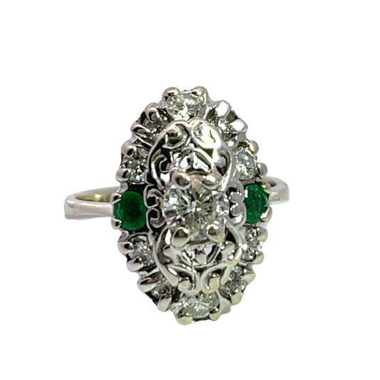 Art Deco 14K white gold, diamond and emerald ring