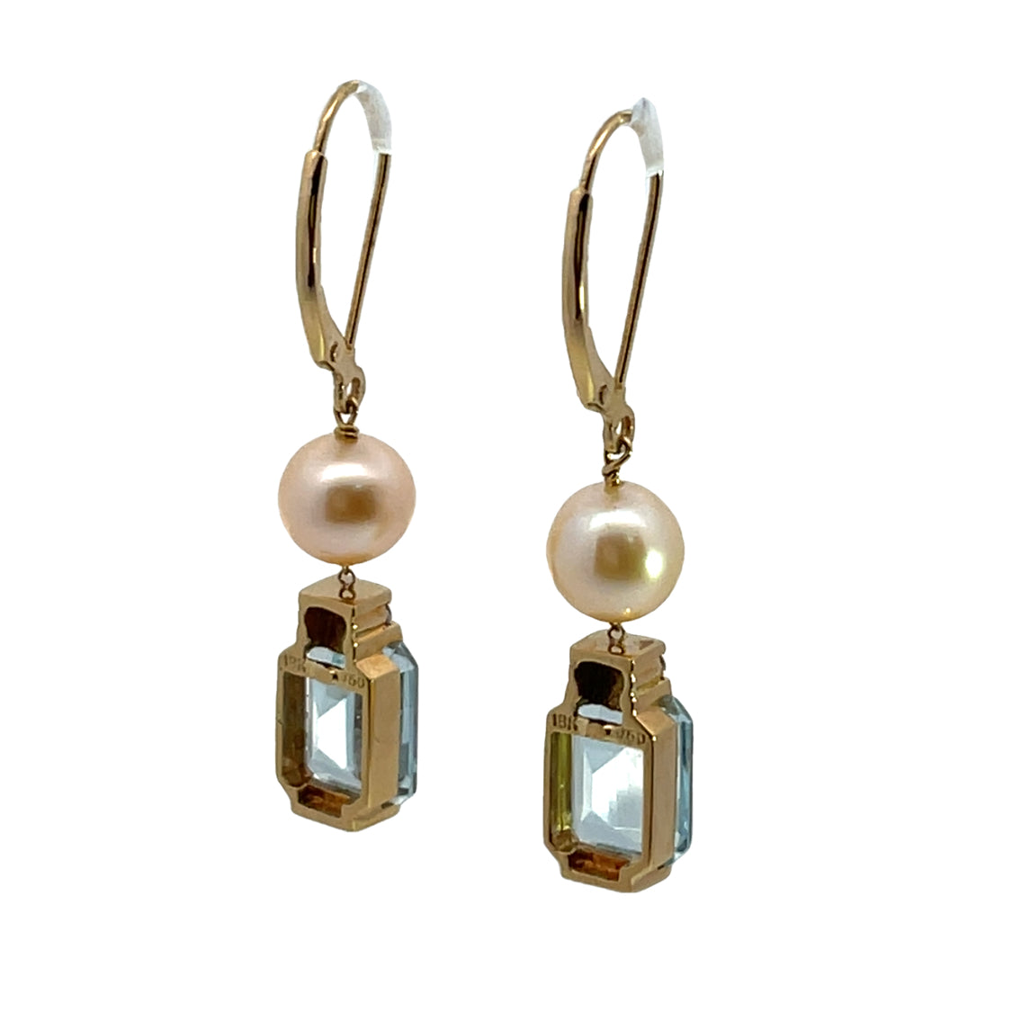 Modern 14KY gold aquamarine, diamond and pearl earring