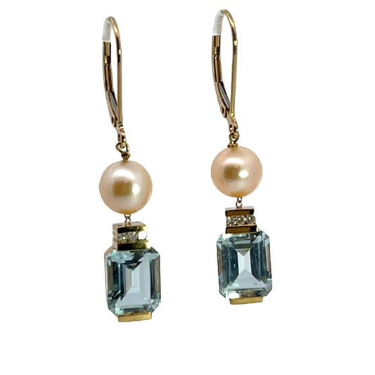 Modern 18KY gold aquamarine, diamond and pearl earring