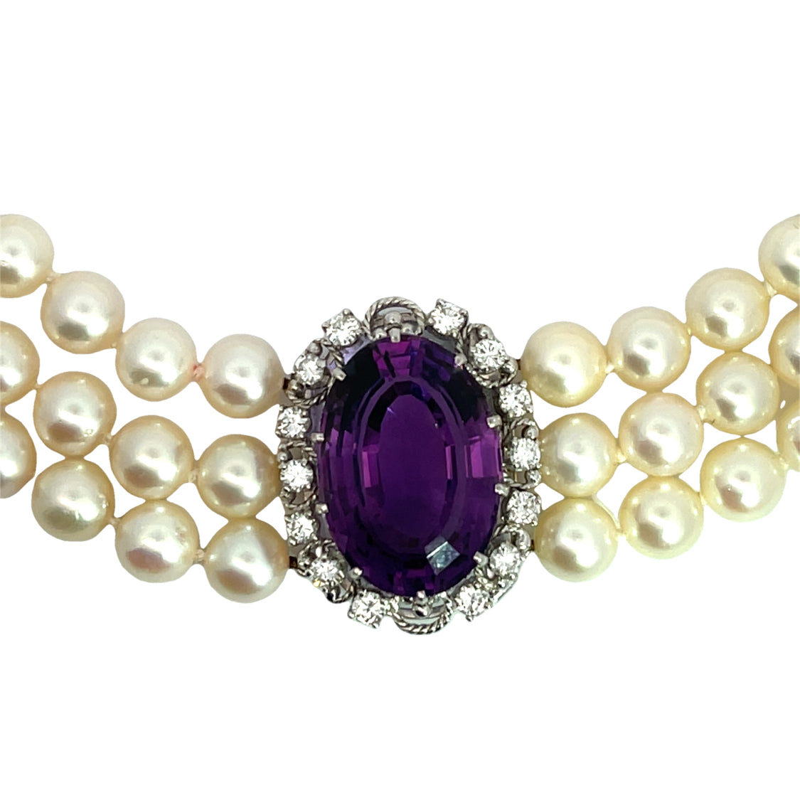 Victorian 18Kwhite gold, Akoya pearl, amethyst and diamond triple strand necklace