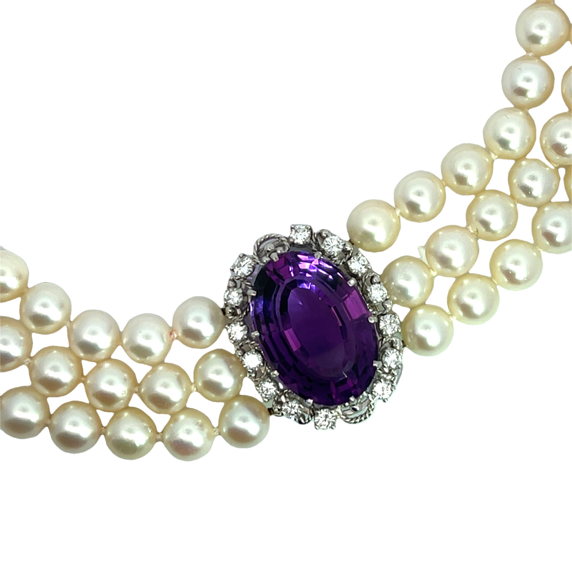 Victorian 18Kwhite gold, Akoya pearl, amethyst and diamond triple strand necklace