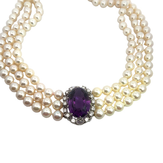 Victorian 18Kwhite gold, Akoya pearl, amethyst and diamond triple strand necklace