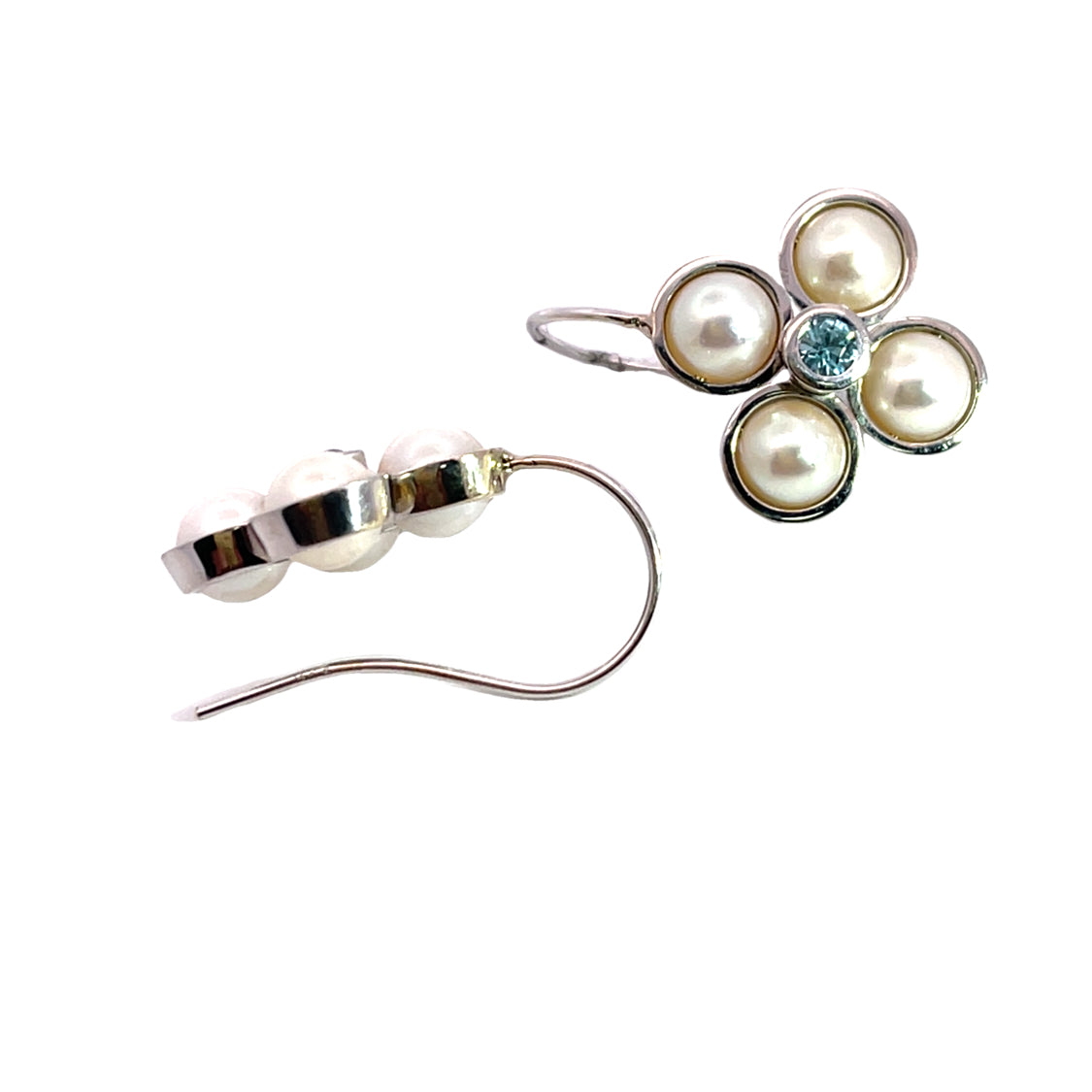 Modern 14K white gold, zircon and pearl floral earrings