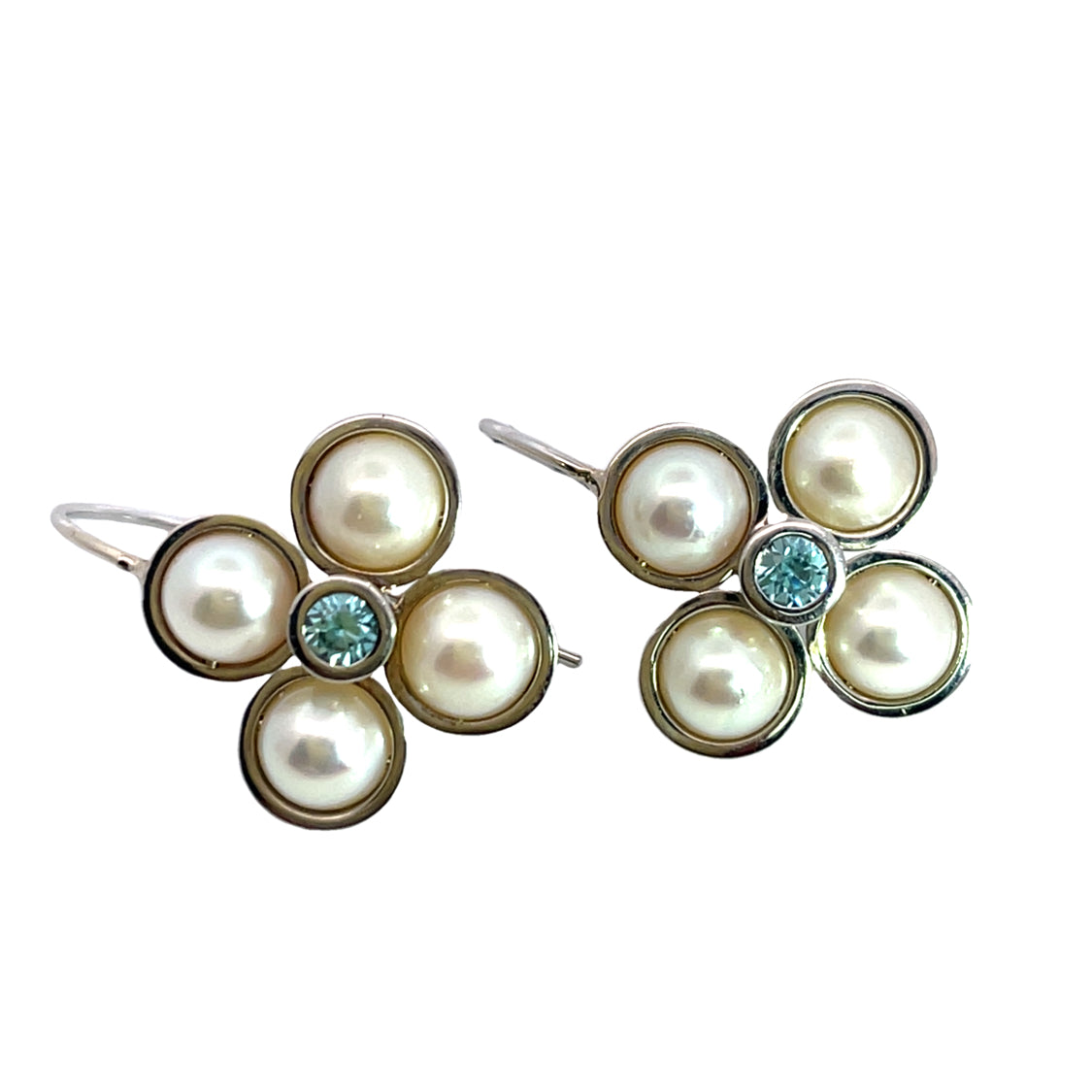Modern 14K white gold, zircon and pearl floral earrings