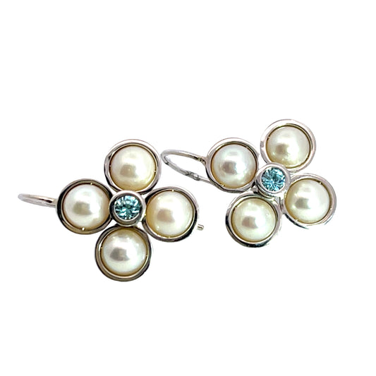 Modern 14K white gold, zircon and pearl floral earrings