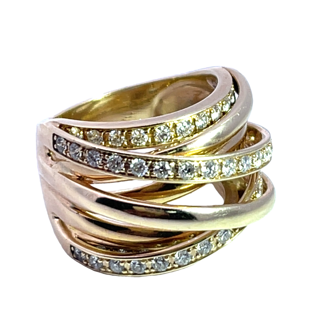 Modern 14KY gold, diamond multi-band wide ring