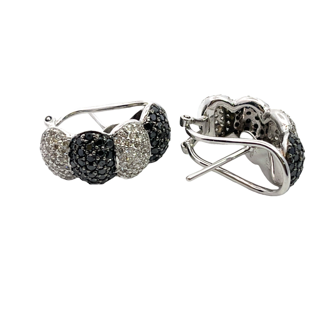 Modern 14K white gold black and white diamond pave half hoop omega earrings