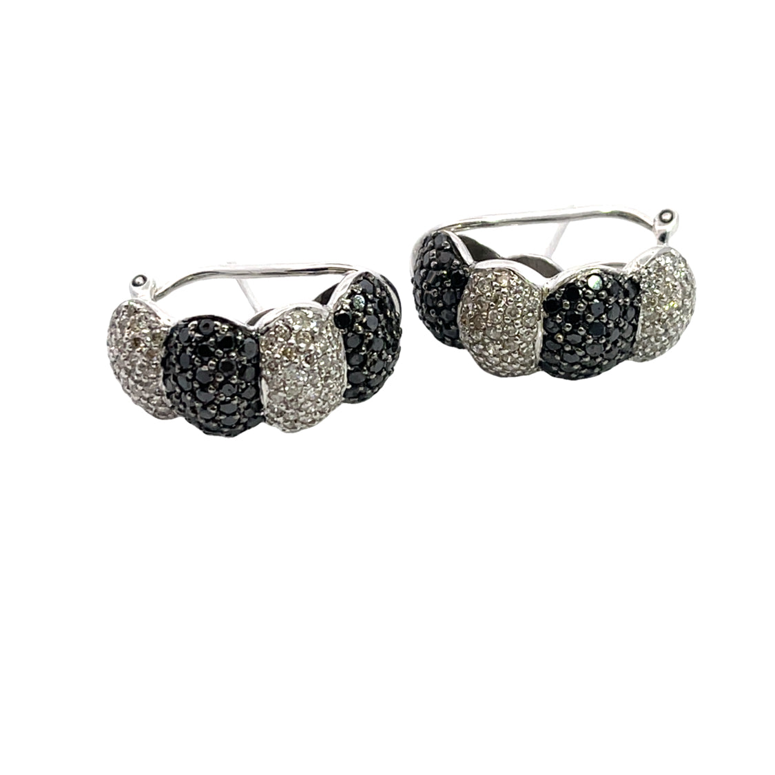Modern 14K white gold black and white diamond pave half hoop omega earrings