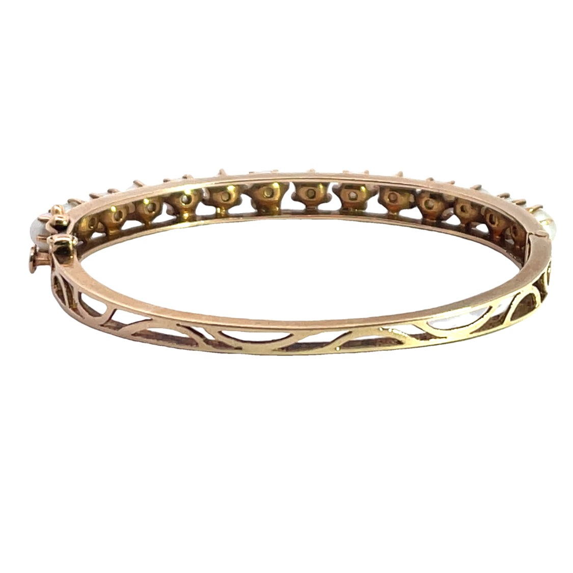 Mid Century Modern 14KY gold and pearl and clasp bangle bracelet