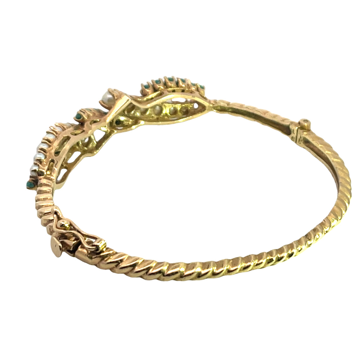 Mid Century Modern 14KY gold, Cultured pearl and turquouise bangle bracelet