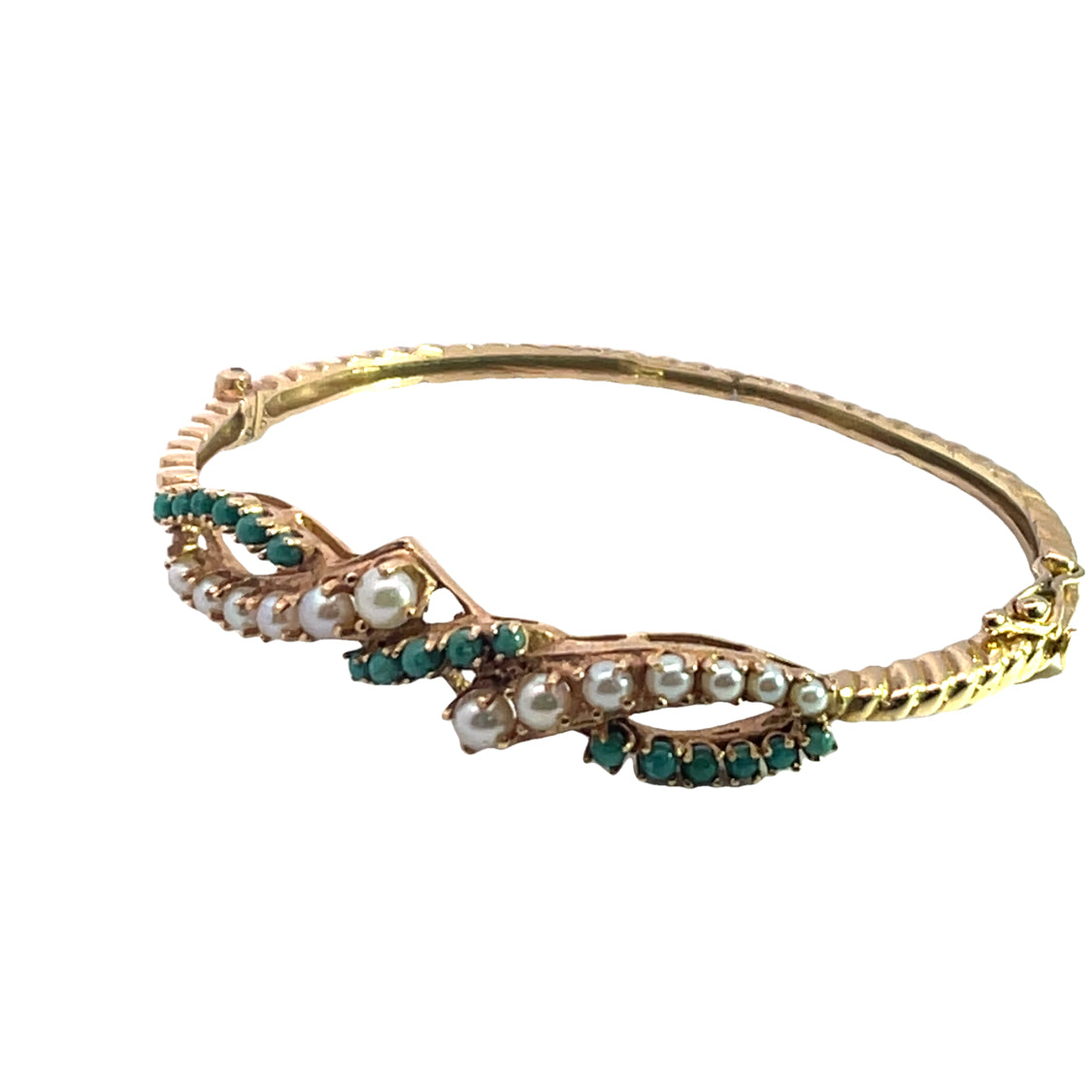 Mid Century Modern 14KY gold, Cultured pearl and turquouise bangle bracelet