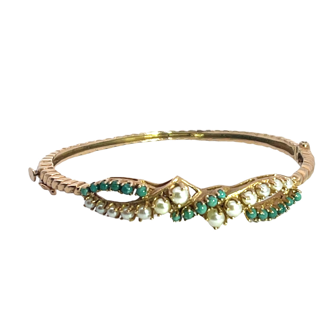 Mid Century Modern 14KY gold, Cultured pearl and turquouise bangle bracelet