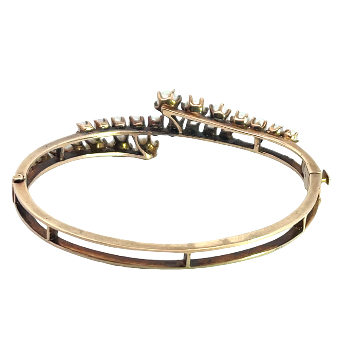 Victorian 14KY gold split rail cultured pearl bangle bracelet