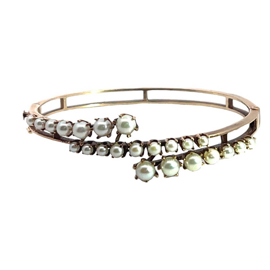 Victorian 14KY gold split rail cultured pearl bangle bracelet