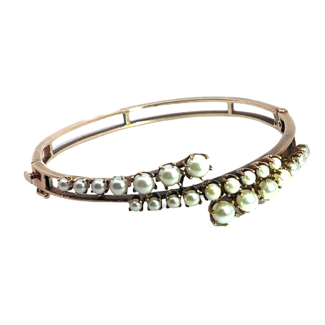 Victorian 14KY gold split rail cultured pearl bangle bracelet