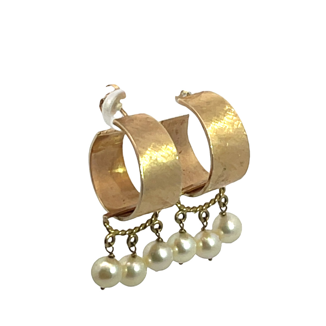 Mid Century Modern 14KY gold and cultured pearl hoops with post earrings