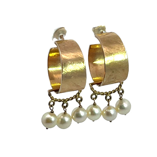 Mid Century Modern 14KY gold and cultured pearl hoops with post earrings