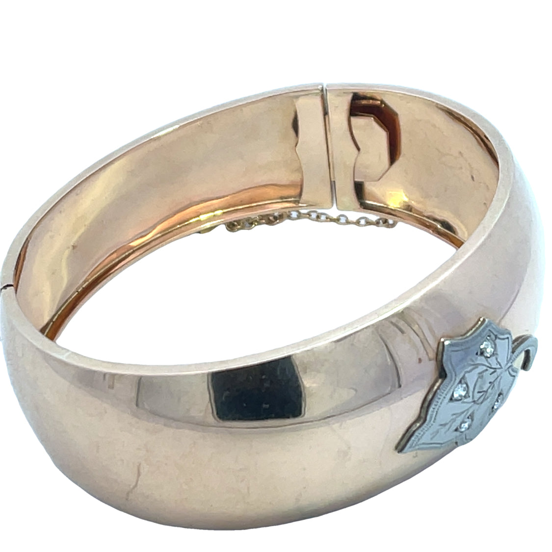 Victorian 14K rose gold and 18K white gold with diamond hinged cuff bracelet