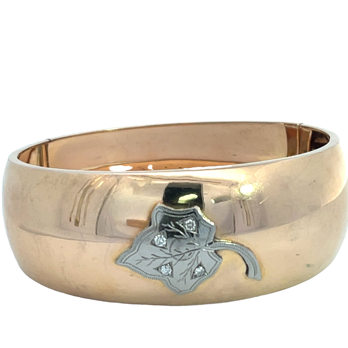 Victorian 14K rose gold and 18K white gold with diamond hinged cuff bracelet