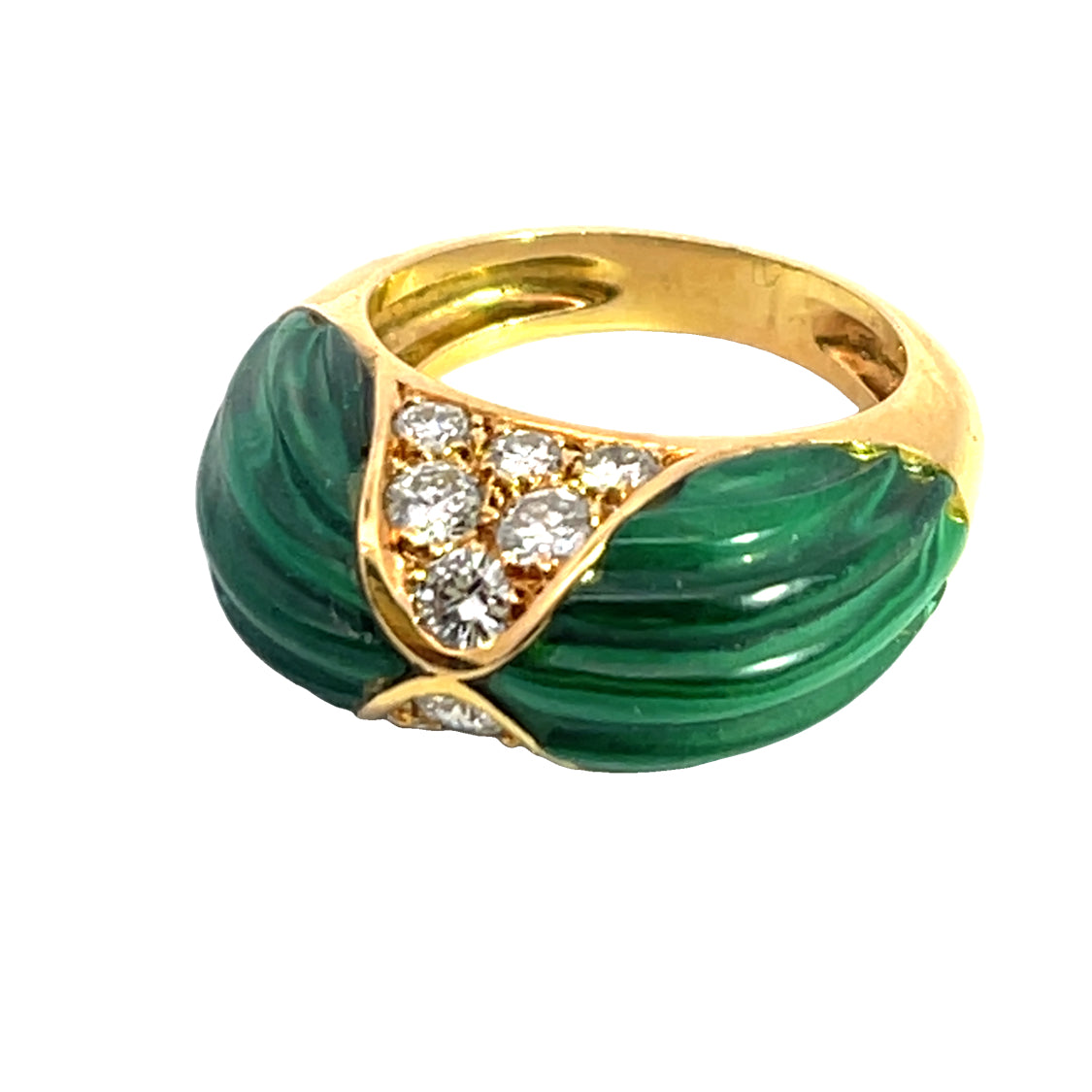 Mid Century Modern 18KY gold carved malachite and diamond ring