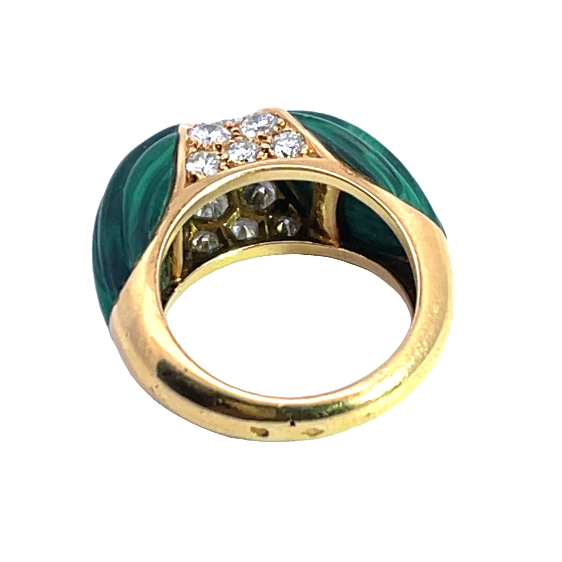 Mid Century Modern 18KY gold carved malachite and diamond ring