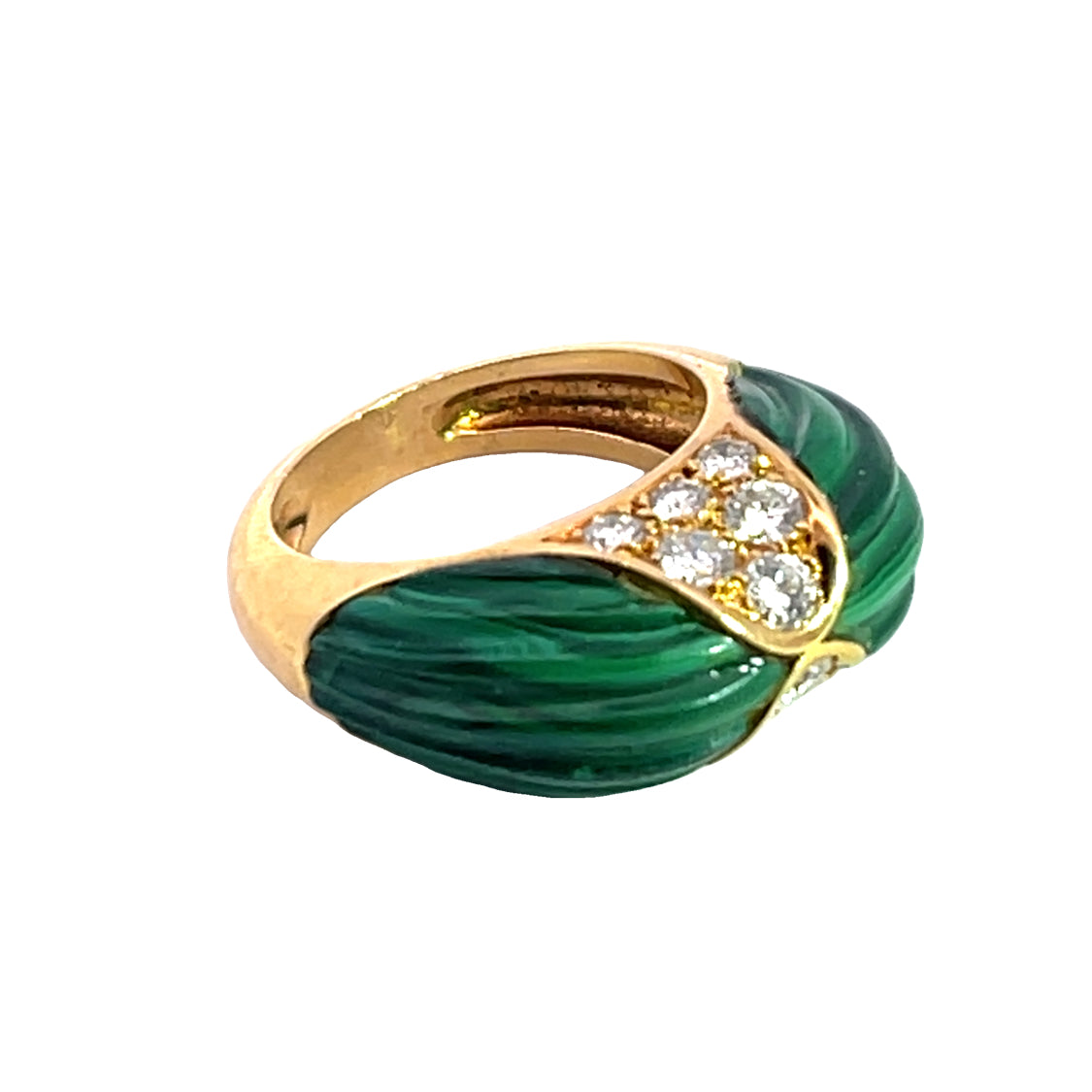 Mid Century Modern 18KY gold carved malachite and diamond ring