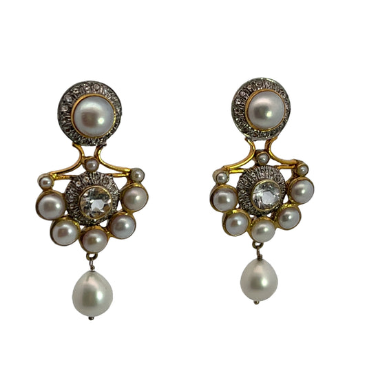 Modern 18KY gold, sterling silver, pearl diamonds and white sapphires chandelier drop earrings