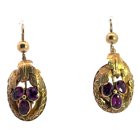 Georgian 18KY gold, pearl and purple garnet drop earrings