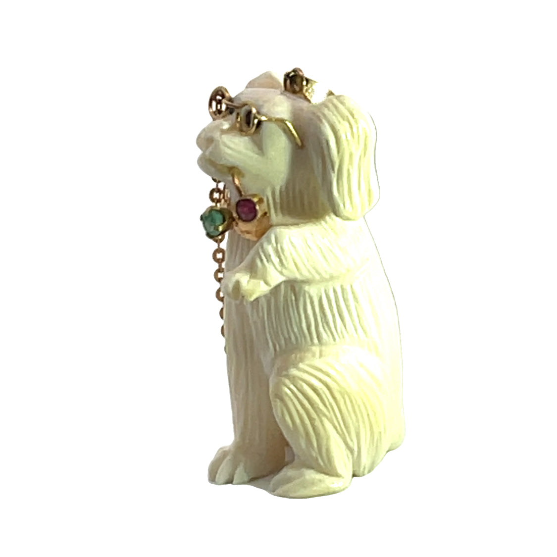 Modern 14KY gold, carved bone, emerald, sapphire and ruby dog pendant