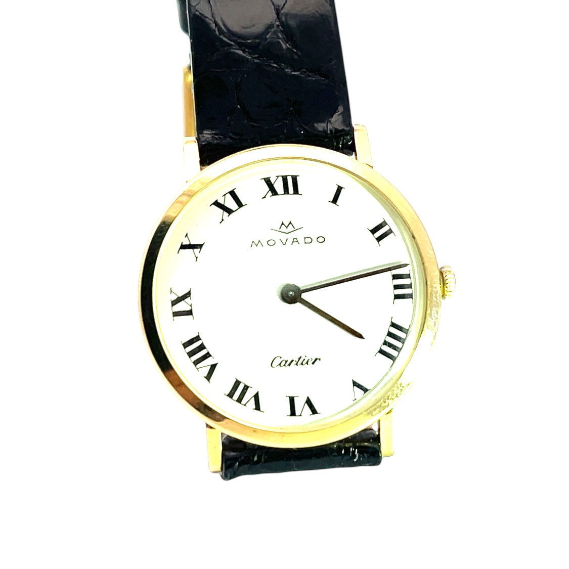 Modern 18KY gold Cartier designed, Movado movement, crocodile strap wristwatch