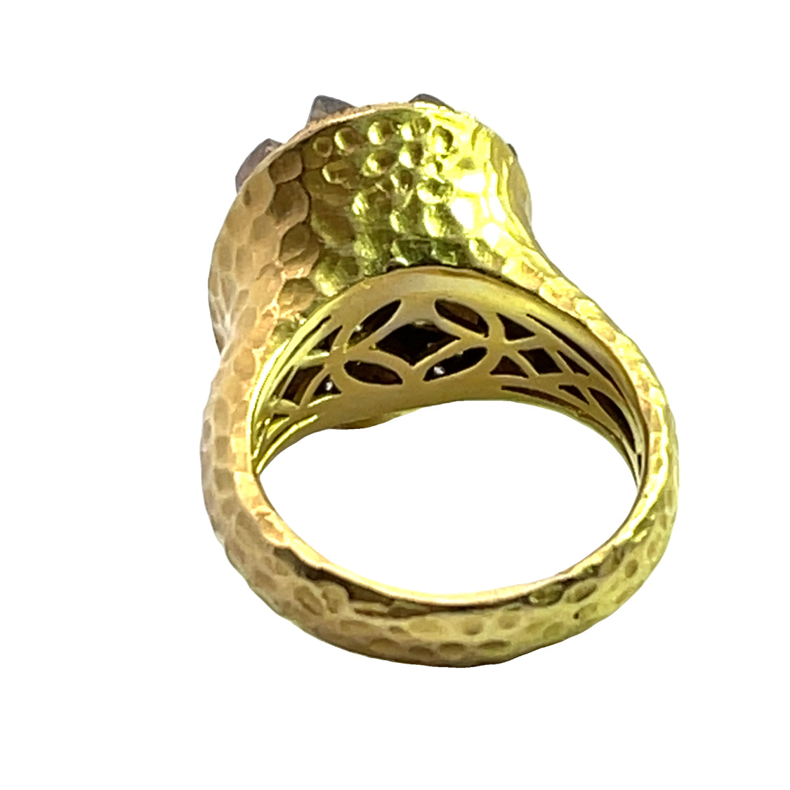 Modern 18KY gold raw diamond, and round brilliant cut diamond hammered ring